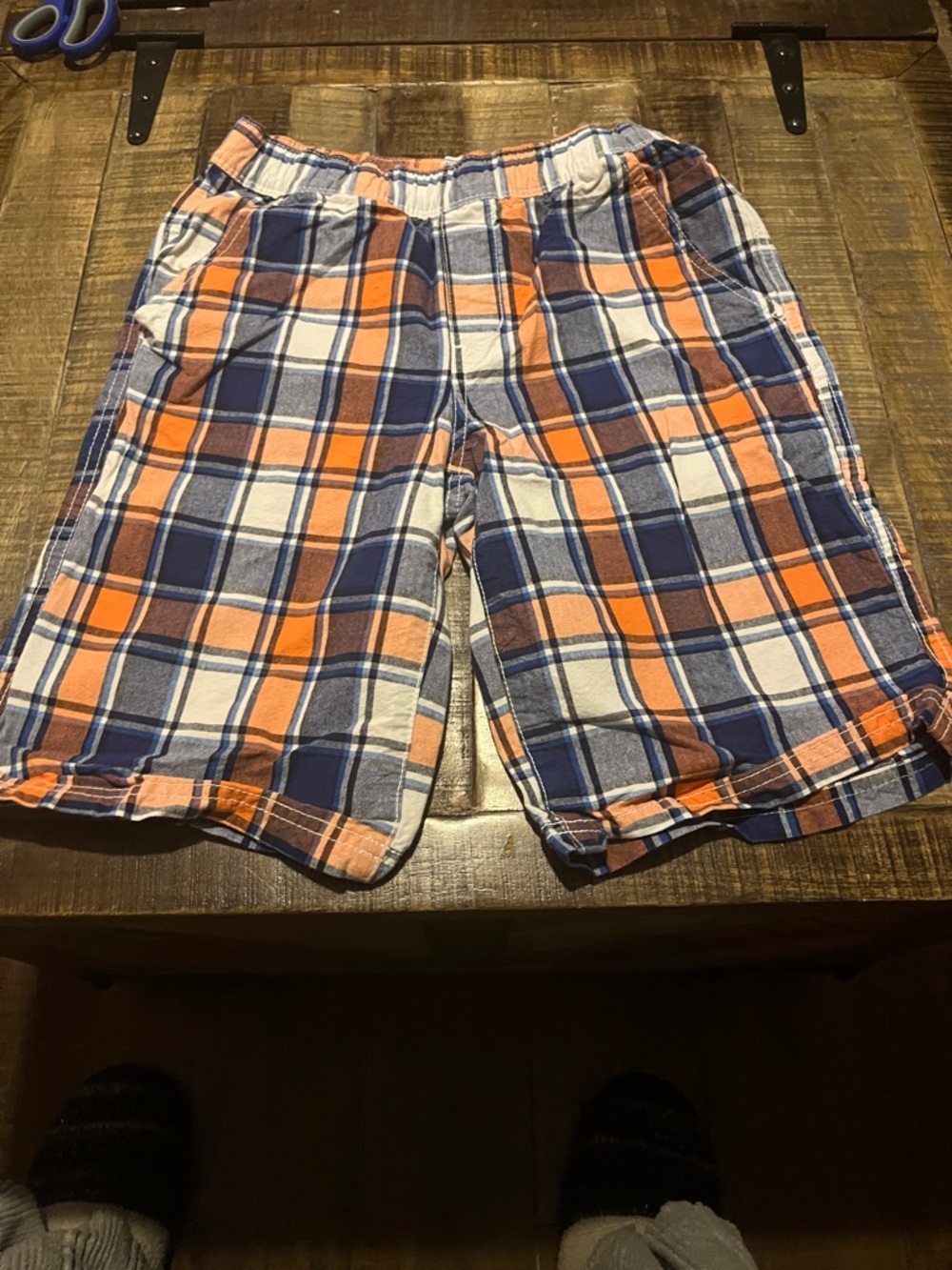 Kid’s Plaid Cotton Blend Shorts - Orange & Blue